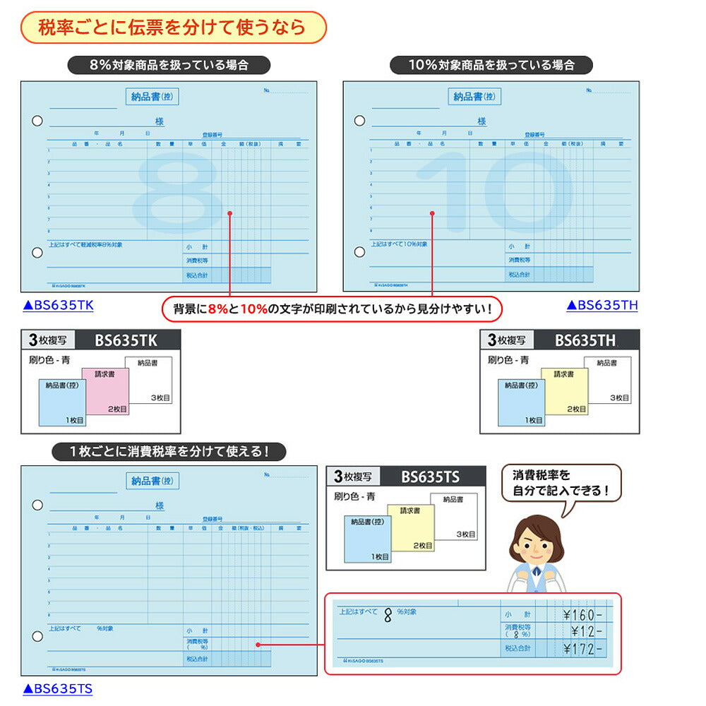 ヒサゴ 納品書(製本タイプ) ヨコ 3枚複写 インボイス対応 標準税率(10%)専用 50組 軽減税率制度対応 BS635TH – FUJIX